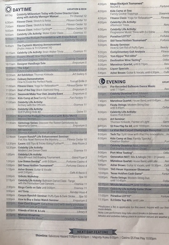 Enrichment on Cruise Ships - Daily schedule on Celebrity