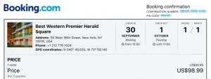 my booking confirmation for under $100 at this NYC hotel