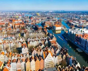 Aerial view of the old town of Gnask, Poland