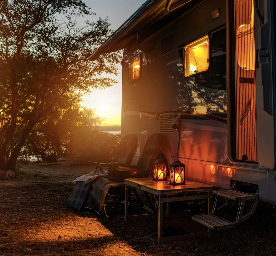 camper van table chairs lamps night