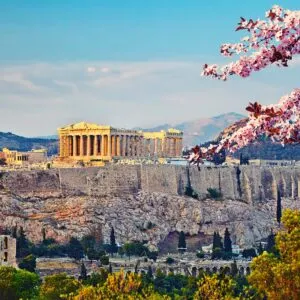 View Of The Acropolis Of Athens During Sunset, As Seen From Viewpoint At Philopappos Hill