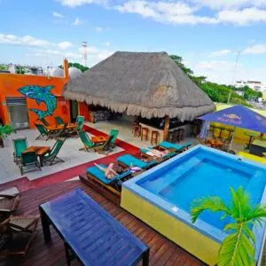 bird's eye view of the rooftop in Hostel 3B in Playa del Carmen during the day