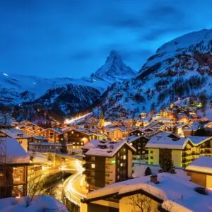 Swiss Alps at night in winter