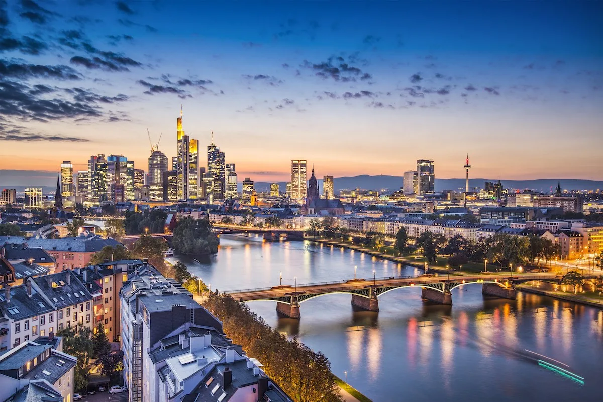 Ariel view of Frankfurt, Germany during twilight