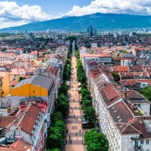 Wide Aerial Drone Shot Of Sofia City, Bulgaria Vitosha Street