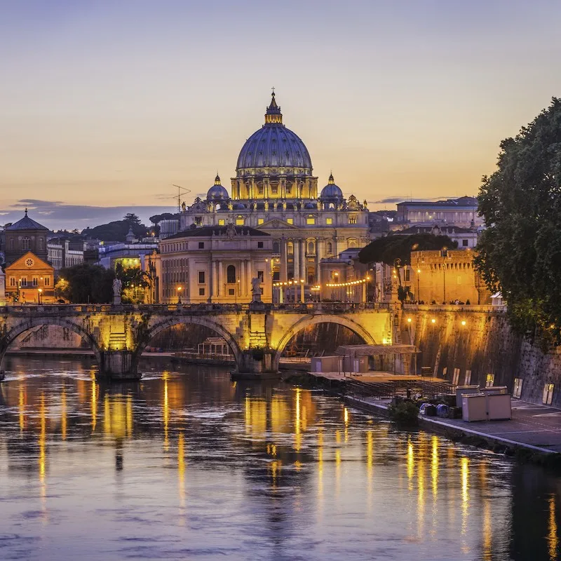 Iconic landmarks of Rome, Italy's ancient capital city, reflecting in the tranquil waters of the River Tiber. ProPhoto RGB profile for maximum color fidelity and gamut.