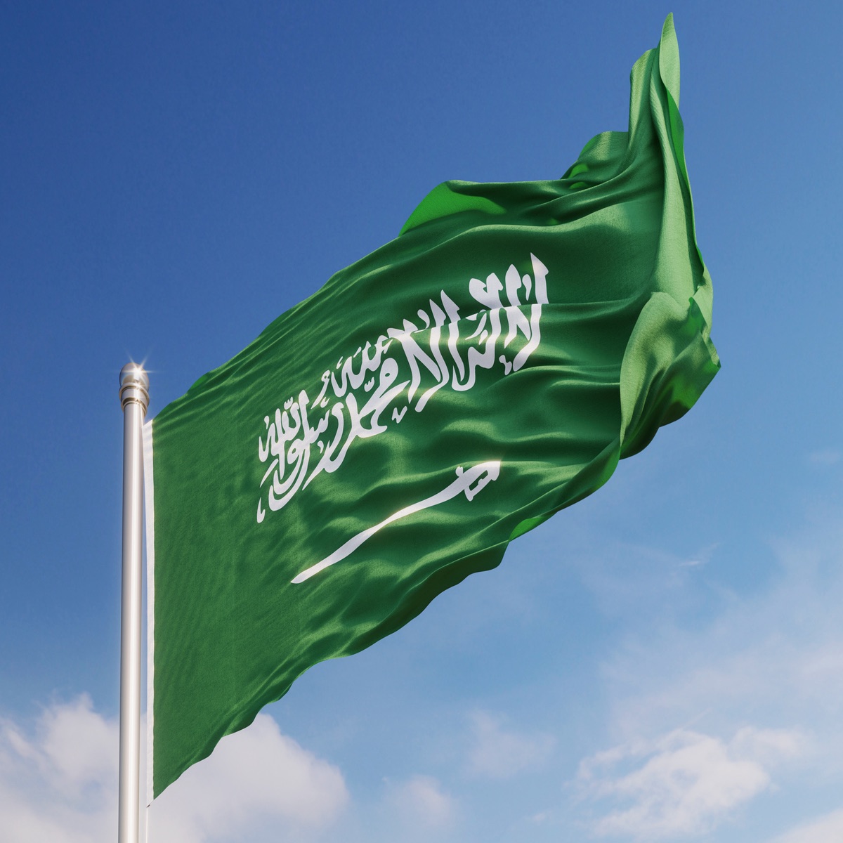 Saudi Arabian Flag Waving With Wind Over Blue Sky Travel Off Path Saudi Arabian Flag Waving With Wind Over Blue Sky Travel Off Path