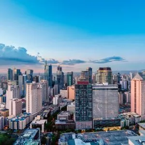 Eleveted, night view of Makati, the business district of Metro Manila.