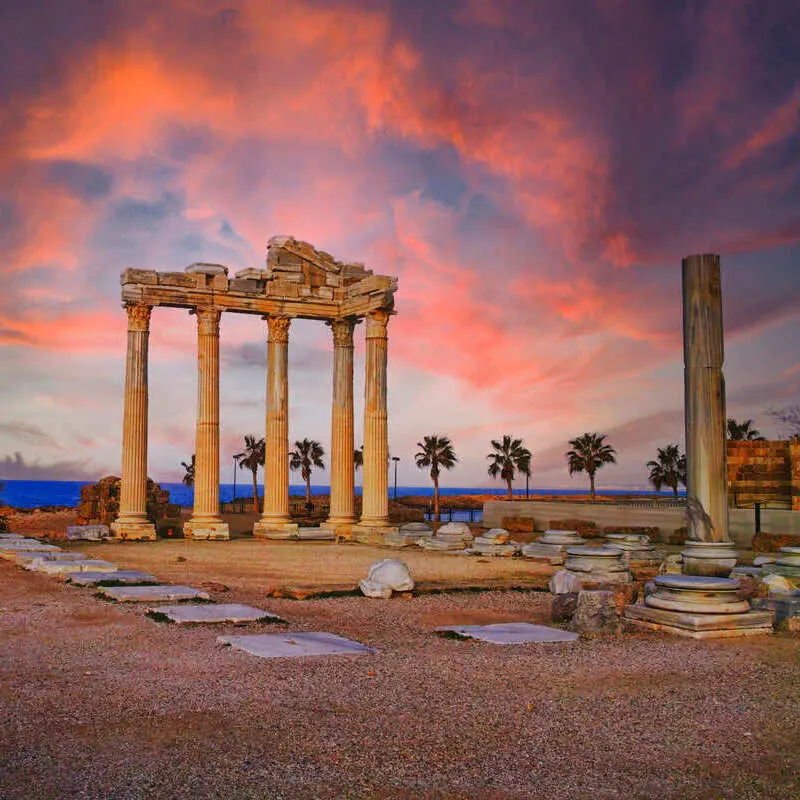 Sunset Over The Temple Of Apollo In Side, Antalya Province, Mediterranean Coast Of Turkey, Mediterranean Landmarks