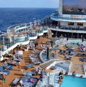 Aerial View of People on Top Deck of Cruise Ship