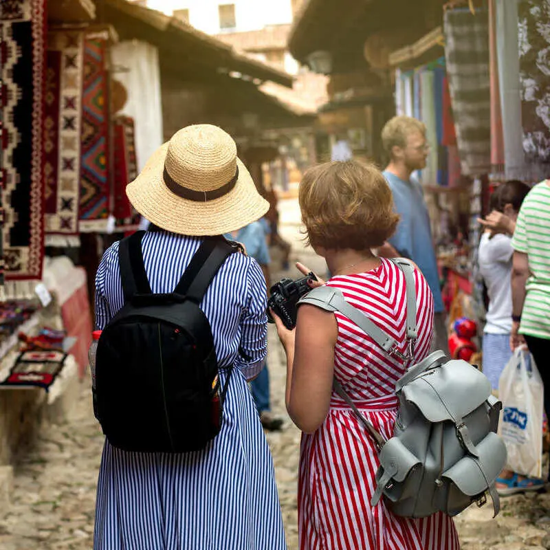 Tourists Walking The Bazaar In Kruje, Albania
