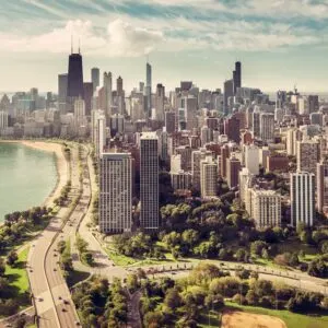 Chicago skyline with park in foreground