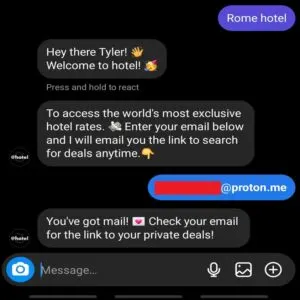 Screenshot of direct message to tripscout instagram account