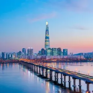 Sunset Over The Han River In Seoul With Seoul Cityscape Pictured At Dusk, South Korea