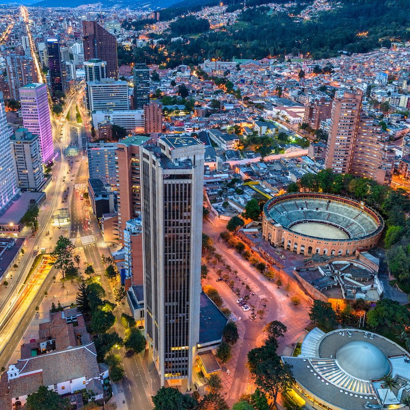 The financial center of Bogota at sunset