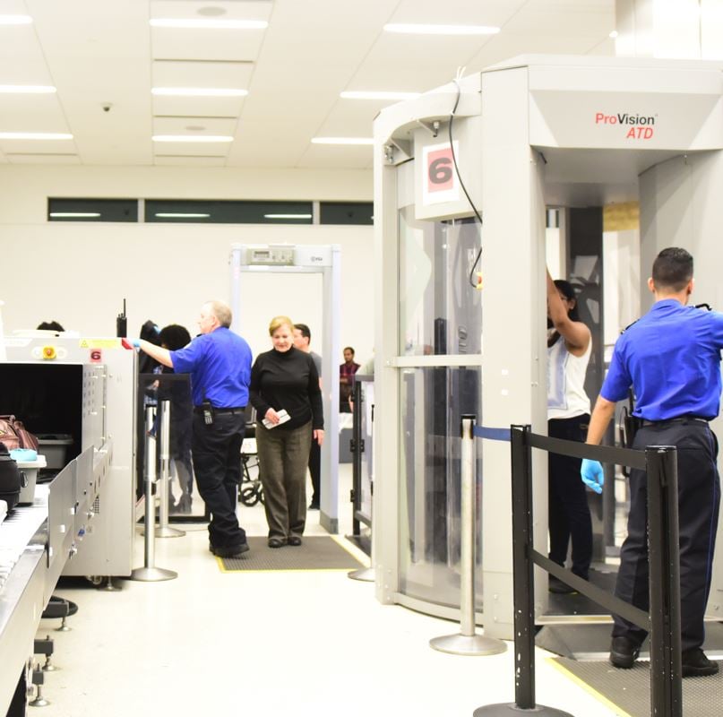 airport security line with scanners