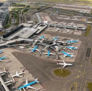 Amsterdam Schiphol airport aerial view of terminals and airplanes