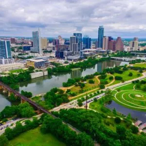 Austin Texas Zilker Park with skyline in background