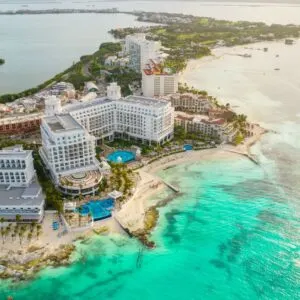 Cancun beach and hotels at sunset