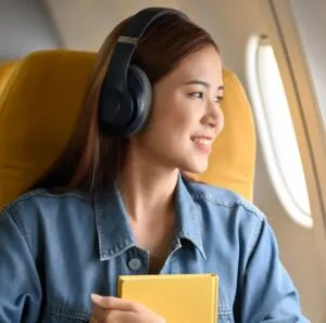 Happy plane passenger