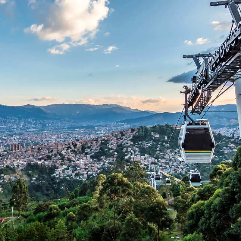 Medellin Cable Car pictured against the backdrop of the city, Colombia