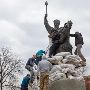 Monument with sandbags to protect against Russian bombing in Kyiv, ukraine