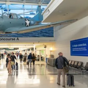 In concourse A of the Midway International airport, an SBD Dauntless dive-bomber, the type aircraft used in the battle of Midway