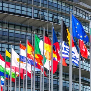 Row Of EU European Union Member States Flags In European Parliament In Strasbourg, France, Europe