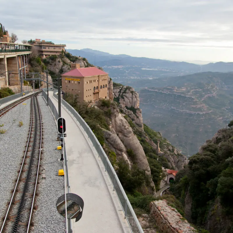 Picturesque view on mountains, hills and railway with semaphore in Montserrat, near Barcelona, Spain