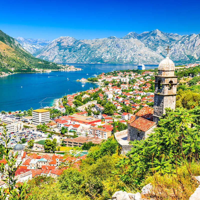 Utsikt över Kotorbukten i Kotor, Montenegro, Från fästningen, sydöstra Europa