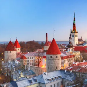 Aerial Cityscape Of The Medieval Walled City Of Tallinn, Capital Of Estonia In The Baltic States Of Europe