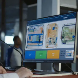 A TSA officer inspects x-ray images of carry-on luggage
