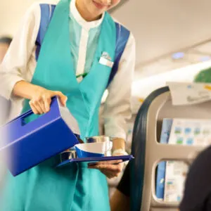 Flight attendant serving drinks to passengers on board