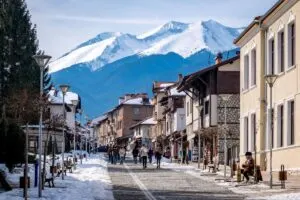 Main Street In Bansko, An Alpine Bulgarian Town At The Foot Of The Pirin Mountains, Bulgaria, Eastern Europe