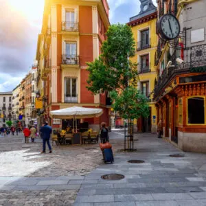 Old cozy street in Madrid, Spain. Architecture and landmark of Madrid, postcard of Madrid