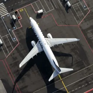 Overhead view of a ryanair plane on runway