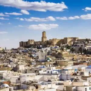 Skyline Of The City Of Medina In Tunisia, Dominated By The Historic Kasbah Castle And Traditional North African Houses