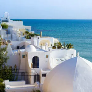 Traditional White Tunisian Houses On The Beachfront In Hammamet, Facing The Mediterranean Sea, Tunisia, North Africa