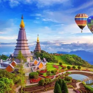 Aerial View Of Pagoda Doi Inthanon With Air Balloons Floating Around, Close To Chiang Mai, Northern Thailand, Southeast Asia