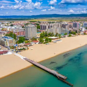 Aerial View Of Sunny Beach, A Development Zone In The Burgas Province Lined With Resorts And Luxury Villas, Black Sea Coast, Bulgaria, Balkan Peninsula, South Eastern Europe