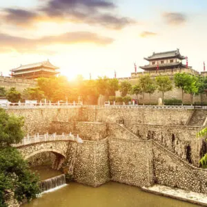 Ancient Walls And Moat Of Xi'an City In China Seen Against The Sun, Mainland China, Asia