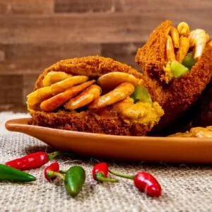 Close Up Picture Of Prawn Filled Acaraje Rice Balls, A Traditional Ethnic Food Of The Brazilian Northeast, Bahia, Brazil