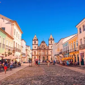 Cobblestone Streets Of Old Town Salvador, Full Of Colorful Historical Houses And Churches, Salvador De Bahia, Brazil