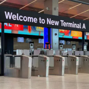 a sign welcomes passengers to the new terminal a a the newark airport