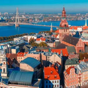 Panoramic View Of Old Town Riga With All The Church Spires And Guild Houses, On The Shores Of The Baltic Sea, Latvia, Eastern Europe