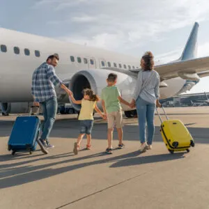 A family of four walks towards an airplane pulling their suitcases