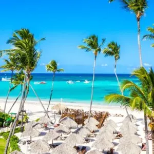 Punta cana aerial view of resort with tiki huts