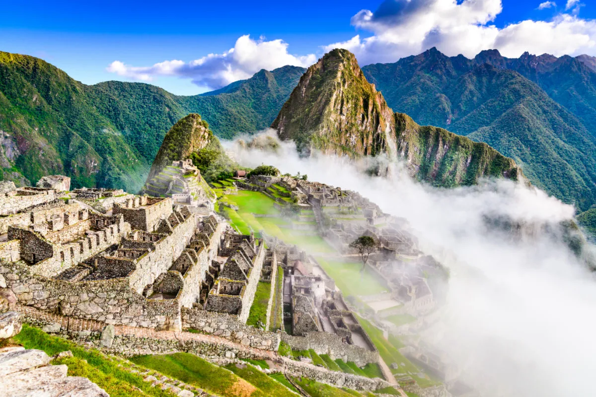 Ancient site of Machu Piccu in the clouds in Peru