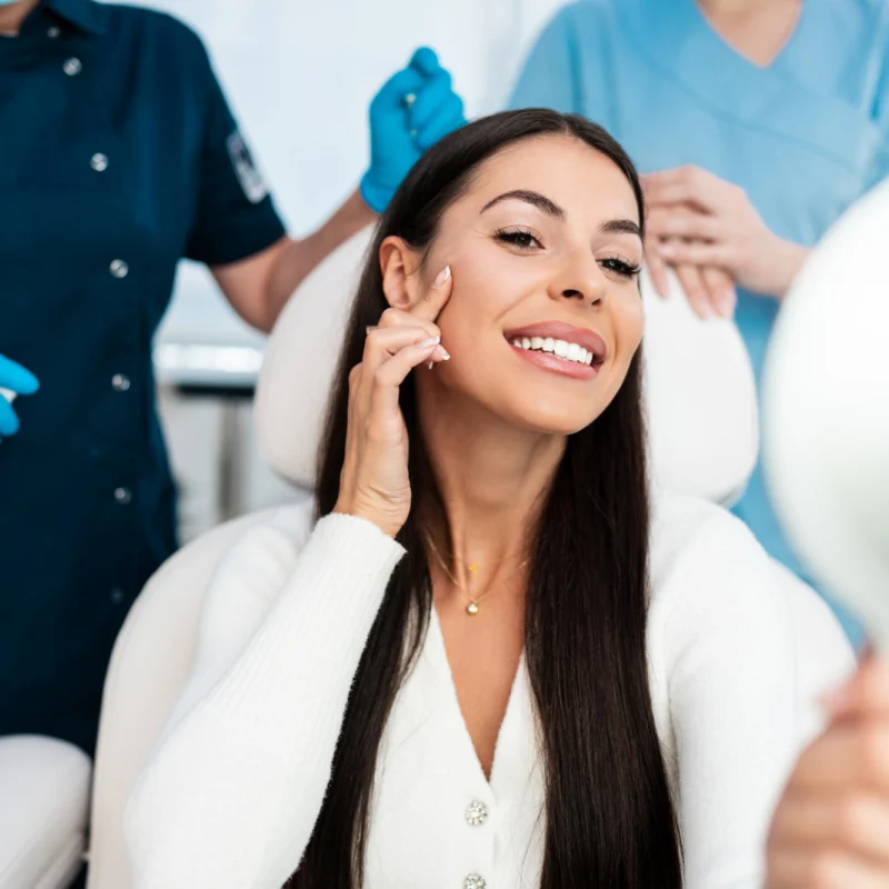 A lady reviewing her skincare results. 