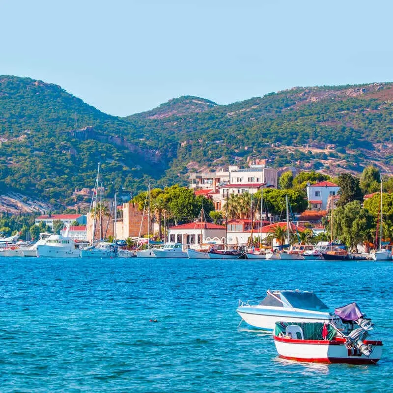 Boats Lining The Marina In A Small Seaside Town On The Aegean Coast Of Turkey, Eastern Europe, Western Asia